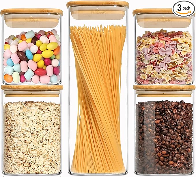 Food Storage Containers with Airtight Bamboo Lids Set of 5, Glass Canisters with Airtight Lids, Glass Food Storage Containers for Pasta, Oats, Coffee, Flour, Sugar, Best for Kitchen, Square-Ruum Studio Home