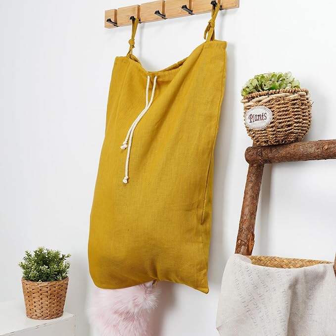 Linen Hanging Laundry Bag, Over The Door Laundry Hamper for Dirty Clothes, Drawstring Closure with Bottom Zipper, Turmeric-Ruum Studio Home