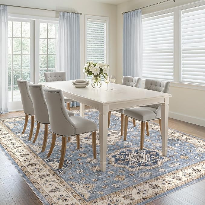 Washable Area Rugs for Living Room -10x13 Neutral Vintage Distressed Floral Farmhouse Boho Large Soft Floor Rug Indoor Non Slip Carpet for Living Room Bedroom Dining Room Office - Blue-Ruum Studio Home