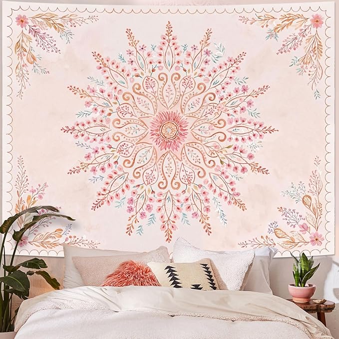 Lunerfex Floral Mandala Tapestry Boho Tapestry for Bedroom Pink Tapestries Wall Hanging Living Room Wall Art and Home Decor 70x90-Ruum Studio Home