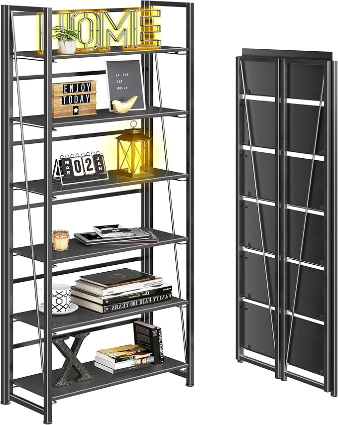 4NM No Assembly Foldable Bookshelf, 6-Shelf Collapsible Bookcase Storage for Small Spaces, 74" H, All Black-Ruum Studio Home