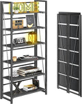 4NM No Assembly Foldable Bookshelf, 6-Shelf Collapsible Bookcase Storage for Small Spaces, 74" H, All Black-Ruum Studio Home
