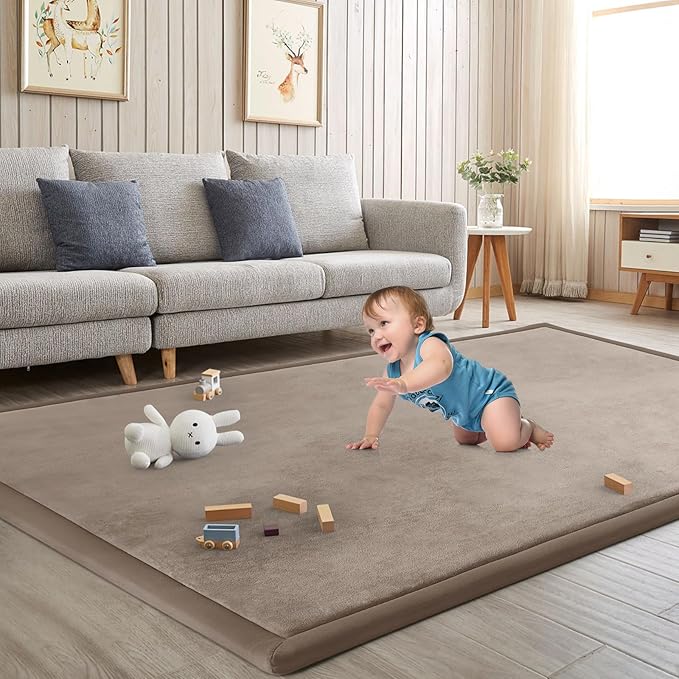 Baby Play Mat for Floor Tummy Time Mat Nursery Rug Muscle Area Rug PlayroomTatami 79"x138" Memory Foam 1.3" Thick Crawling For Babies,Toddlers, Infants, Kids,Floor(Brown)-Ruum Studio Home