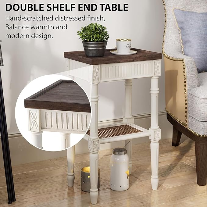 Rustic Farmhouse Cottagecore Accent End Table, Distressed Accent Side Table with Espresso Tray Top and Woven Wicker Shelf, Boho, French Country Decor, Square, Weathered Brown & White-Ruum Studio Home
