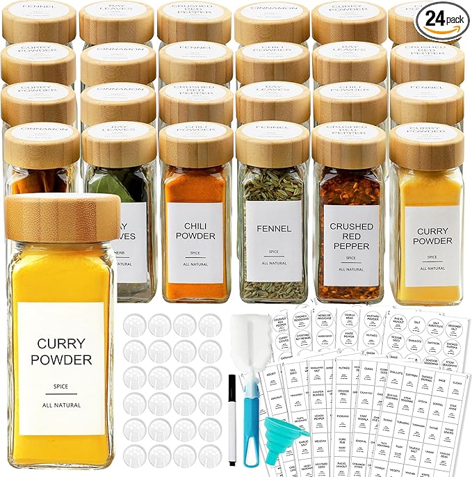 AISIPRIN Glass Spice Jars with 398 Labels, 24 pcs 4oz Spice Containers with Bamboo Lids, Square Spice Bottles With Shaker Lids,Spice Organization for Cabinet,Drawer,Rack,Seasoning Organizer-Ruum Studio Home