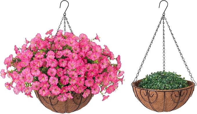 Artificial Faux Hanging Plants Flowers Basket for Outdoors Outside Spring Summer Decoration, Silk Pink Morning Glory in Planter UV Resistant Look Real Fake Flowers for Porch Patio Balcony Home Yard-Ruum Studio Home