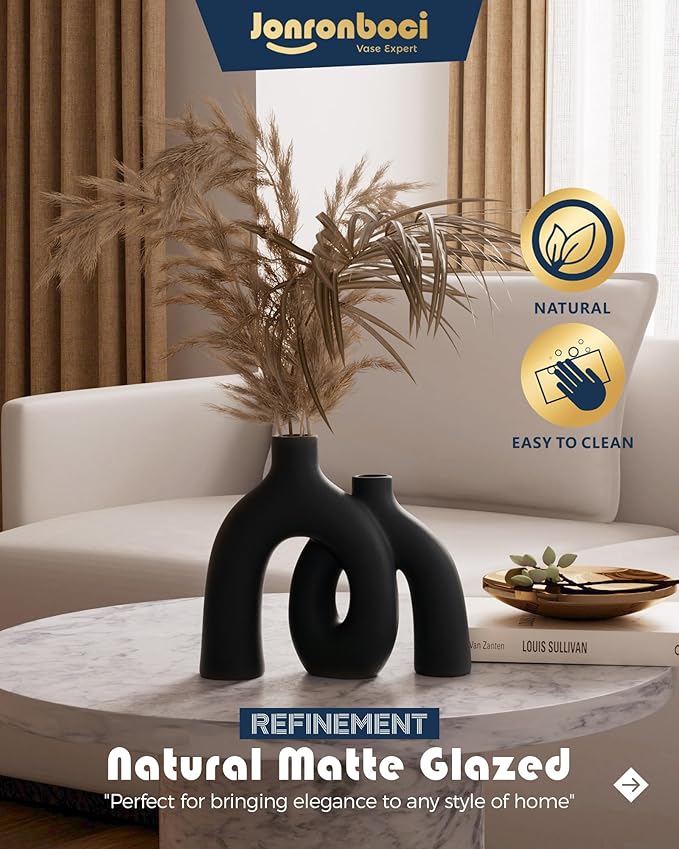 Matte Black Vase Set - Hug Hollow Donut Aesthetic Ceramic Vases Home Decor, Modern Nordic Minimalist Decorative Vase for Table Centerpiece Bookshelf Office Entryway Console Fireplace (Black)-Ruum Studio Home
