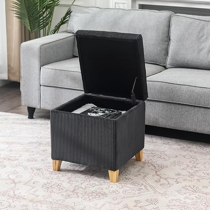 Adeco 18 Inch High Faux Fur Grey Cube Ottoman Storage, Fluffy Striped Velvet Chair Foot Stools, Small Bench Upholstered Vanity Stool with Hinged Lid, Solid Wood Legs-Ruum Studio Home
