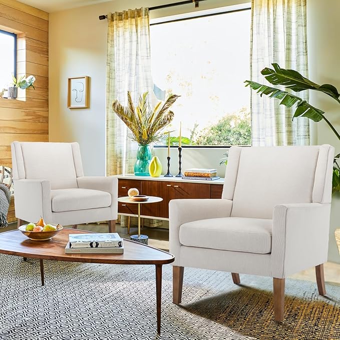 COLAMY Modern Wingback Living Room Chair, Upholstered Fabric Accent Armchair, Single Sofa Chair with Lounge Seat and Wood Legs for Office/Bedroom/Reading Spaces, Beige-Ruum Studio Home