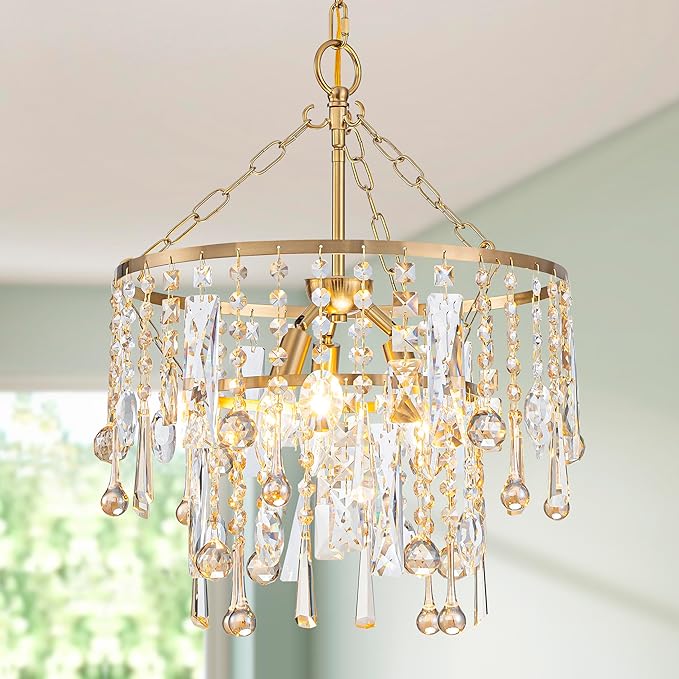 3-Lights K9 Crystal Chandeliers, Luxury Vintage Pendant Light Fixture for Dining Room, Living Room, D15*H20.4~66.8 inch (Adjustable), Clear Crystal & Gold Finish-Ruum Studio Home