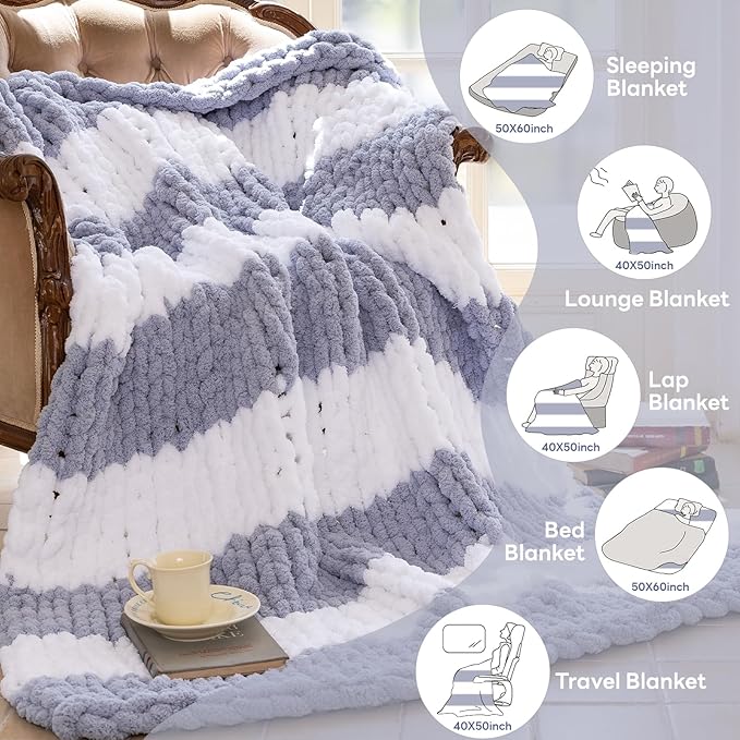 Chunky Knit Blanket - Luxury Soft Cozy 60 * 80 Throw Blanket,100% Woven Blanket Rope Knot Throw Blanket for Couch, Sofa, Home Decor, Gift - Machine Washable（White/Light Gray）-Ruum Studio Home