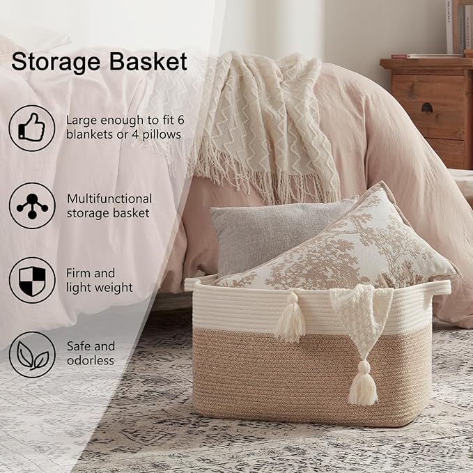 OIAHOMY 65L Blanket Basket, Cotton Rope Woven Blanket storage for Living Room, Rectangle Woven Baskets for Storage, 20''×16''×12'', Brown and White-Ruum Studio Home