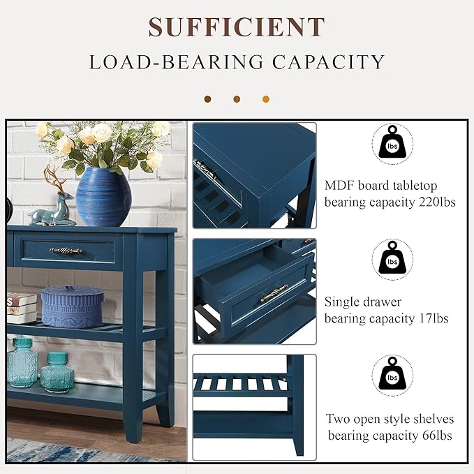Solid Wood Console Table Entryway Table with Storage Drawers and Shelves Sofa Table for Entry Hallway Foyer(42" Navy Blue)-Ruum Studio Home