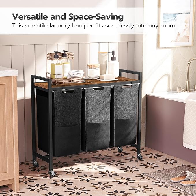 HOOBRO Laundry Sorter 3 Section, Laundry Hamper with Wheels, 3 × 11.5 Gal (43.5 L), Rolling Laundry Basket, Pull-Out and Removable Oxford Fabric Laundry Bags, Rustic Brown and Black BF76XY01-Ruum Studio Home