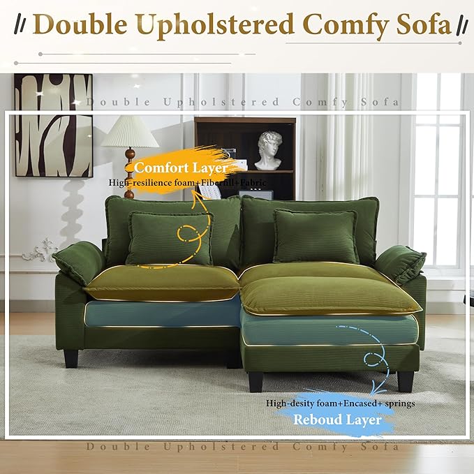 URRED Modular Sectional Sofa Comfy Cloud Couch, Modern Corduroy Sofa Sleeper Deep Seat Couches with Ottoman/Pillows for Living Room (Green, 82.6''- L Shape)-Ruum Studio Home