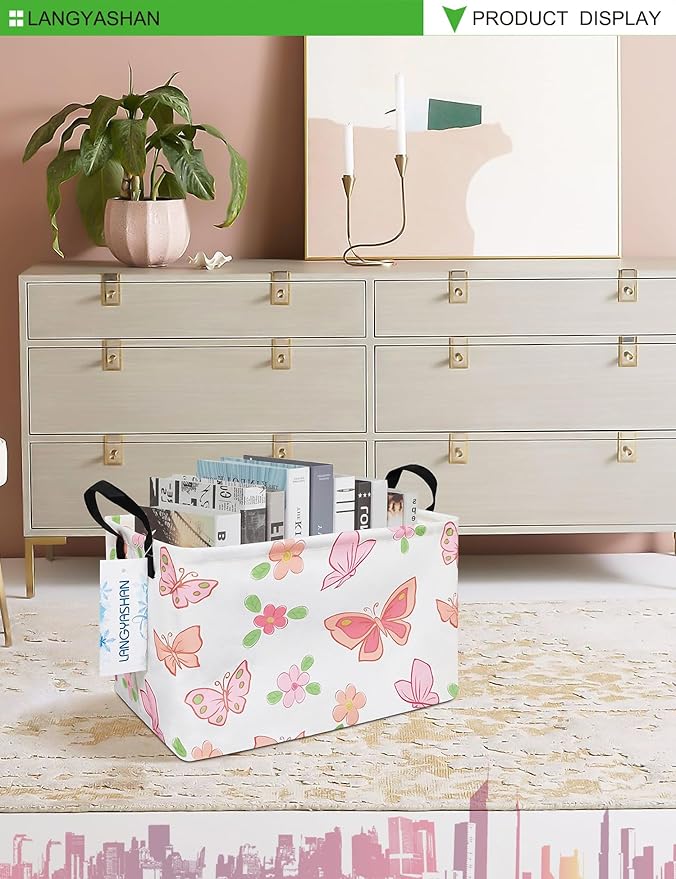 LANGYASHAN Rectangular Storage Bin Collapse Canvas Fabric Cartoon Storage Basket with Handles for Organizing Home Kitchen Boys and Girls Toys Office Closet Shelf Baskets (Rec Pink Butterfly)-Ruum Studio Home