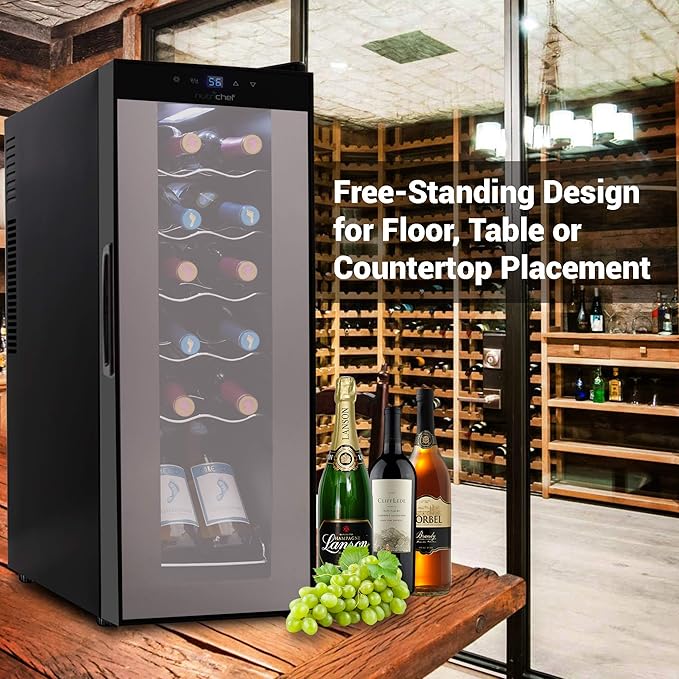 NutriChef PKCWC120 White & Red Cooler-Freestanding Countertop Compact Mini Wine Fridge Chiller Capacity, Digital Control, Glass Door, 12 Bottle-Black-Ruum Studio Home
