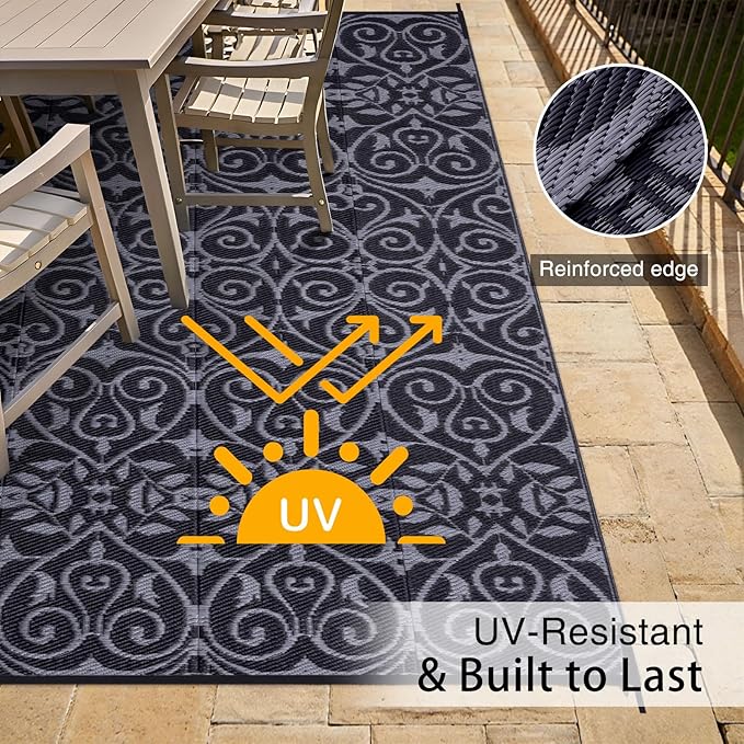 OLANLY Outdoor Rug Waterproof 9x12 ft Clearance, Reversible Outdoor Plastic Straw Rug with Floral Pattern, RV Mat for Patio, Camping, Balcony, Deck, Backyard, Black & Grey-Ruum Studio Home