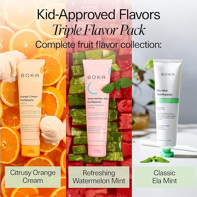 Boka Fluoride Free Toothpaste Nano Hydroxyapatite Toothpaste - Ela Mint, Orange Cream, Watermelon Mint Flavor, 4 oz 3Pk US Manufactured-Ruum Studio Home