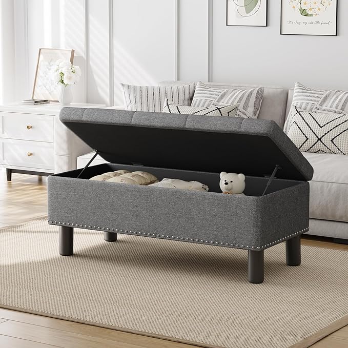 Furniliving Ottoman Bench with Storage, Folding Storage Ottoman Bench with Wood Legs, Upholstered Bedroom Bench with Button-Tufted, Entryway Bench Storage Bench for Bedroom, Linen (Darkgrey)-Ruum Studio Home