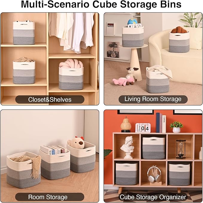 11 Inch Cube Storage Bins, Storage Cube Organizer Bins, Woven Cotton Rope Basket for Storage, Storage Baskets for Organizing Shelves, Grey Baskets for Toys, Gradient Grey (Pack of 3)-Ruum Studio Home