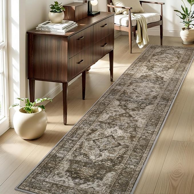 AMOAMI-2X10 Runner Rug-Washable Runners for Hallways-Soft Non Slip Bedside Rugs for Bedroom-Vintage Long Rug for Hallways Entryway Laundry Room Stair Kitchen Bathroom Brown/Coffee-Ruum Studio Home