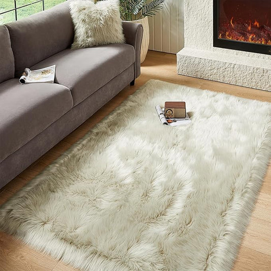 AMTOVO Faux Fur Sheepskin Rug for Living Room, 4 x 6 ft Light Grey Fluffy Area Rug for Bedroom, Playroom, Luxury Room Decor, Rectangle-Ruum Studio Home
