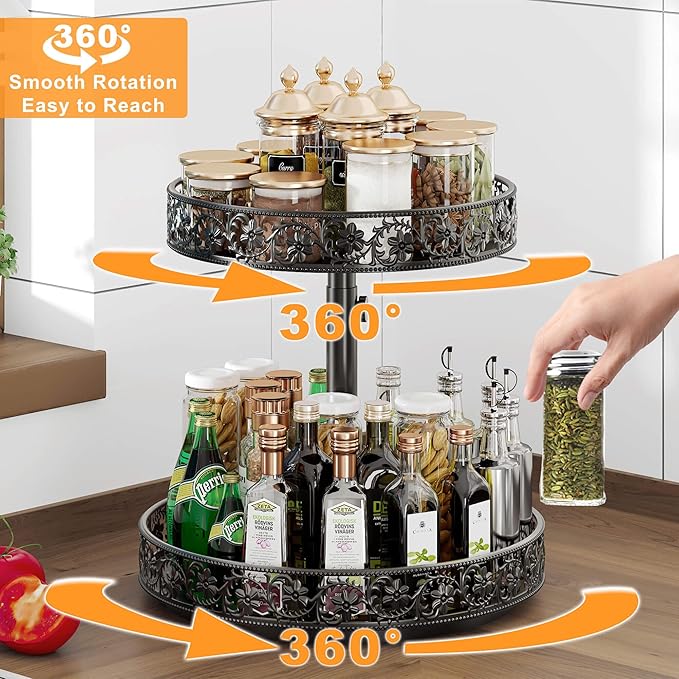 Two Tier Lazy Susan Organizer Turntable Height Adjustable, 2 Tier Lazy Susan 12 Inch Metal Easy Assembly, Spice Rack Organizer Rotating for Cabinet Dining Table Top Kitchen Countertop Black-Ruum Studio Home