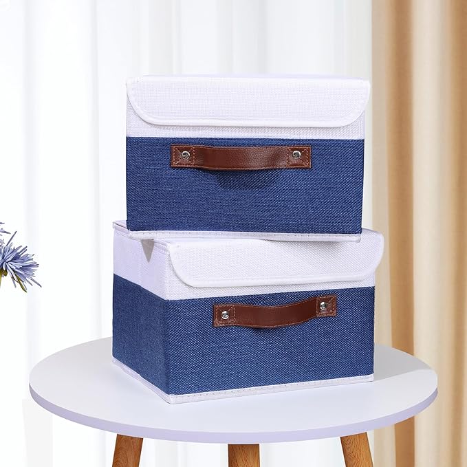 ANMINY 2PCS Storage Boxes with Lid Washable Decorative Storage Bin Basket with PU Leather Handle Foldable Linen Fabric Storage Cube Container for Home Closet Organizer - Deep Blue White, Small Size-Ruum Studio Home
