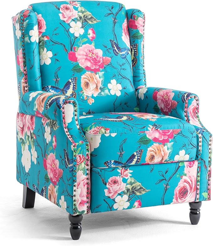 UIXE Floral Pushback Recliner Chair, Fabric Upholstered Armchair Push Back Accent Chair for Living Room, Rivet Trim Club Chair Home Theater Single Sofa Reading Seat - Peacock Blue-Ruum Studio Home
