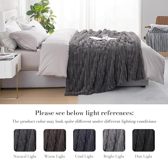 Amélie Home Faux Fur Throw Blanket for Couch, Cozy Fuzzy Fluffy Fur Luxurious Soft Striped Plush Gift Blankets for Family Sofa Chair Bed Living Room Bedroom, 55"x70", Charcoal Grey-Ruum Studio Home
