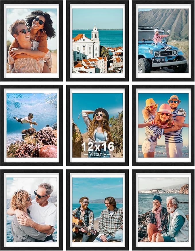 Vittanly 12x16 Picture Frames Set of 9, Shatter Resistant Plexiglass, Display 11x14 Pictures with Mat or 12x16 without Mat, Photo Frames for Wall Mount, Engineered Wood, Black-Ruum Studio Home