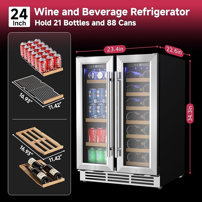24" Wine and Beverage Refrigerator, Dual Zone Wine Cooler with Glass Door, Hold 88 Cans & 21 Bottles, Built in or Freestanding Under Counter Wine Fridge with Blue LED Light.-Ruum Studio Home