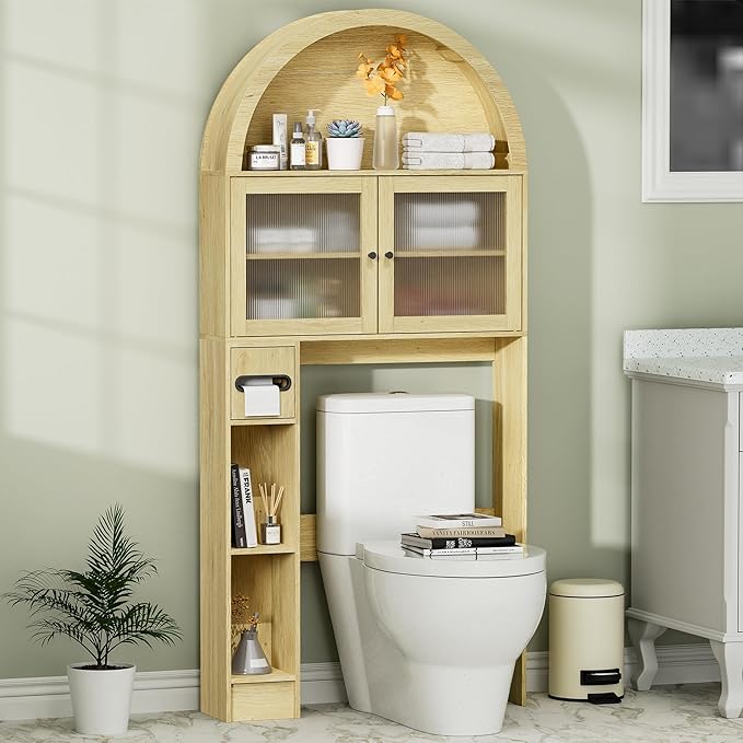 Over The Toilet Storage Cabinet, 31''W Arched Space-Saving Bathroom Organizer with Adjustable Shelf and Acrylic Doors, Freestanding Over Toilet Cabinet for Bathroom, Laundry, Restroom (Oak Wood)-Ruum Studio Home
