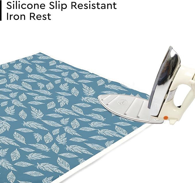Encasa XO Ironing Mat/Pad (Large 48"x28") with 3mm Padding & Silicone Iron Rest for Steam Pressing on Tabletop or Bed - Heat Resistant, Portable, Quilting & Travel Blanket - Big Leaves Blue-Ruum Studio Home