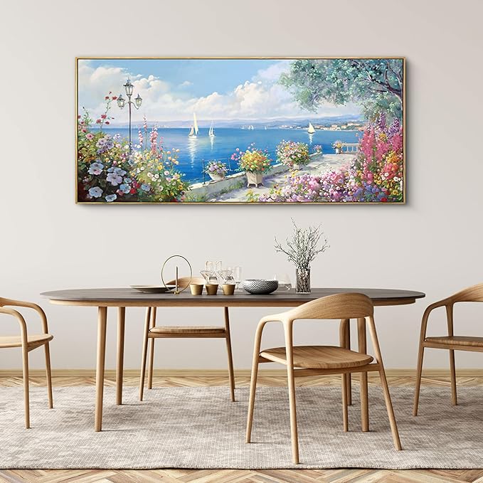 XLSJERST Extra Large Coastal Wall Art - Ocean Seascape Canvas Yellow Green Flowers Painting Landscape Sailboat Picture Artwork Modern Large Framed for Living Room Bedroom Home Office Decor-Ruum Studio Home