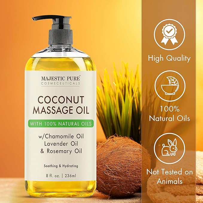 MAJESTIC PURE Coconut Massage Oil for Massage Therapy - Refreshing, and Relaxing - Natural Oils - for All Skin Types - Men and Women - 8 fl oz-Ruum Studio Home