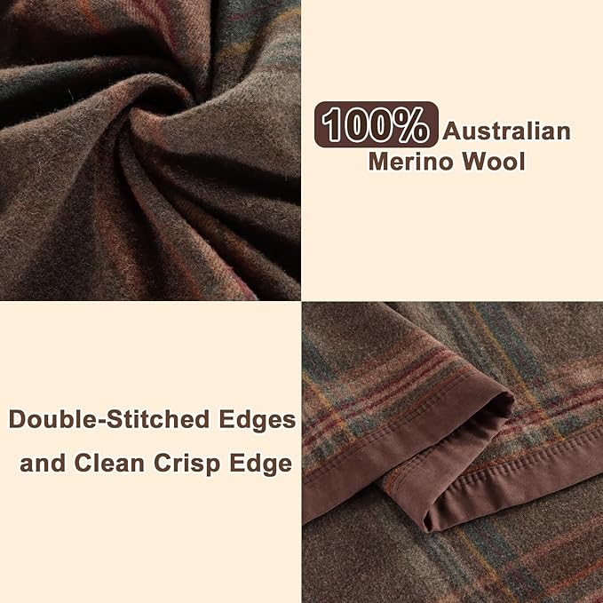 YOUR MOON 100% Pure Merino Wool King Size, Australian Organic Natural Wool Blanket, Hypoallergenic Wool Blanket for Bed, Medium Weight(Plaid Brown, 90 * 108)-Ruum Studio Home