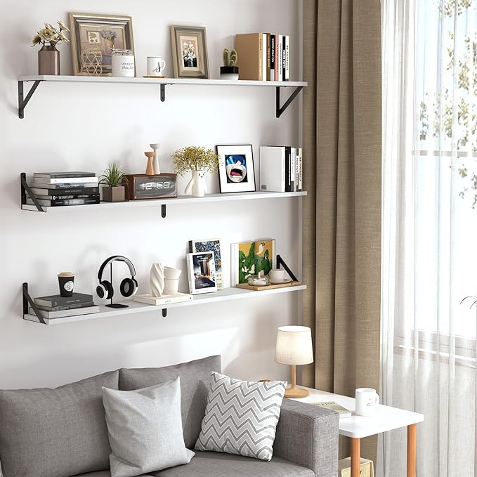 Heimlove 48 Inch Large Wall Bookshelves Set of 3, Wall Mounted Bookshelves,Heavy Duty Wooden Shelves for Living Room,Bedroom,Kitchen,Laundry Room Storage & Decor-Ruum Studio Home