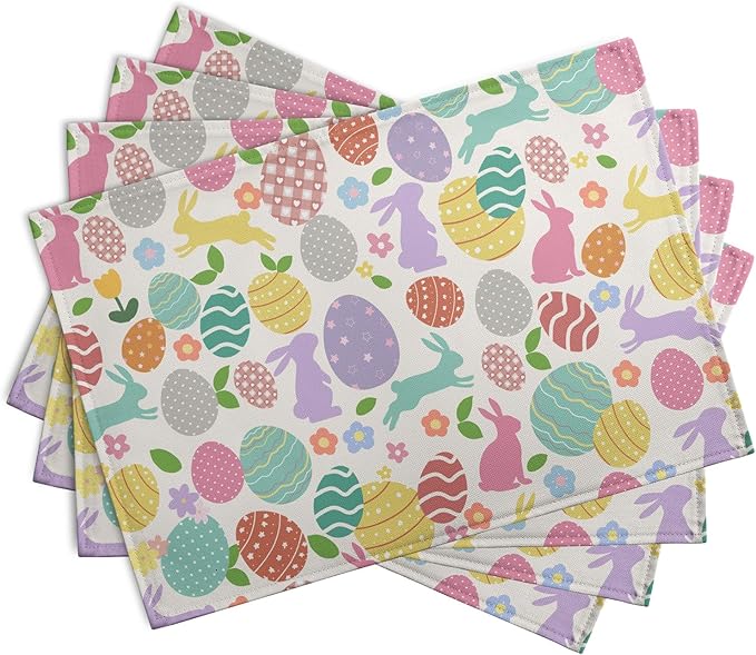 Easter Eggs Bunny Floral Placemats Set of 4 Watercolor Egg Floral Place Mat 12x18 Inch Seasonal Spring Colorful Washable Linen Table Mats for Party Kitchen Dining Outdoor Indoor Decor-Ruum Studio Home