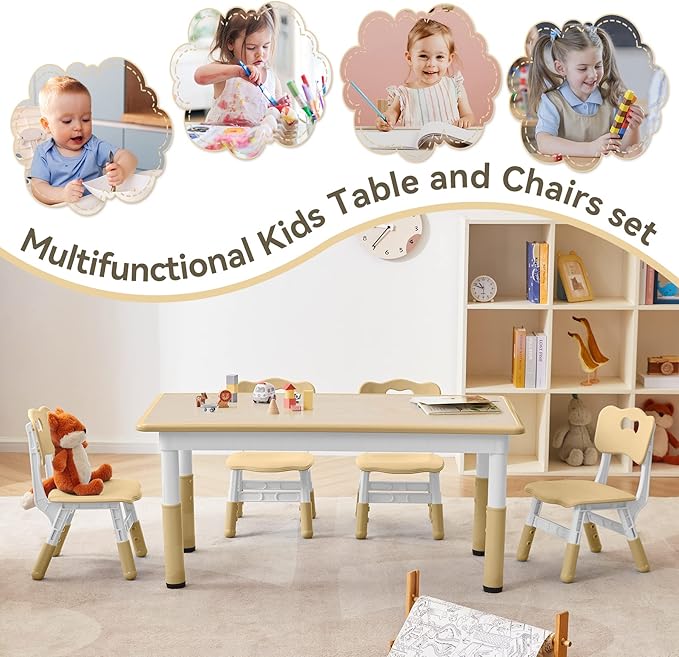 Kids Study Table and Chairs Set, Height Adjustable Toddler Table and Chair Set for Kids Ages 3-8, Graffiti Desktop (Wooden Brown)-Ruum Studio Home