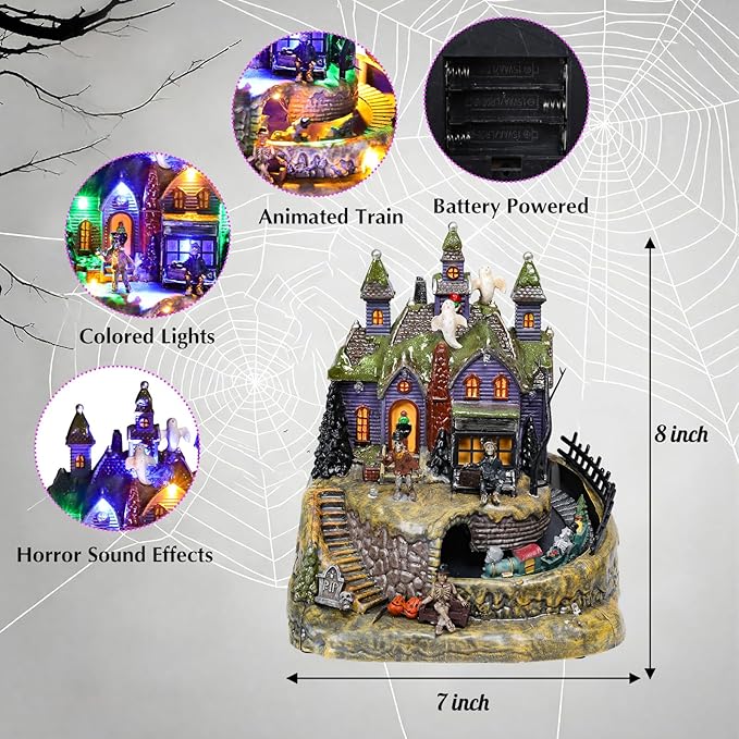DREAM GARDEN Halloween Village Collection, Lighted Spooky Haunted House with Animated Train and Scary Sound Resin Spooky Town with Skull, Pumpkin, Ghost for Holiday Party Tabletop Decor-Ruum Studio Home