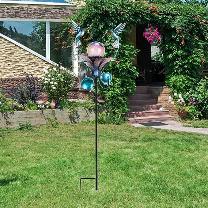 VCUTEKA Solar Lights Outdoor Metal Garden Stake Waterproof Crackle Glass Globe Garden Decor Hummingbird for Pathway, Lawn, Patio, Yard-Ruum Studio Home