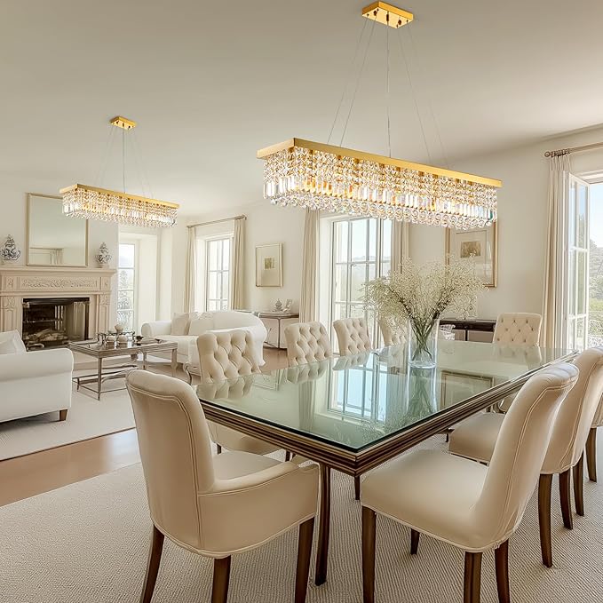 10 Lights Modern Crystal Chandelier, Gold K9 Rectangle Rectangular Chandeliers,Luxury Flush Mount Pendant Ceiling Light for Dining Room Kitchen Island L47''xW10''xH10''-Ruum Studio Home