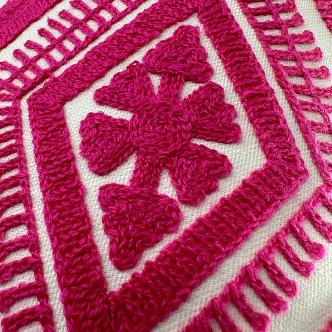 Alysheer Embroidered Decorative Throw Pillow Covers 18x18 inches Set of 2 Pieces, Boho Geometric Modern Chic Classic Pattern Cotton Cushion Cases for Sofa Couch Bed Living Room(Bright Hot Pink)-Ruum Studio Home