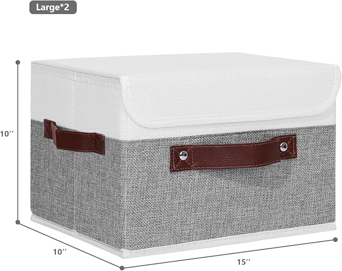 ANMINY 2PCS Storage Boxes with Lid Washable Decorative Storage Bins Basket with PU Leather Handle Foldable Linen Fabric Storage Cubes Containers for Home Closet Organizer - Gray White, Large Size-Ruum Studio Home