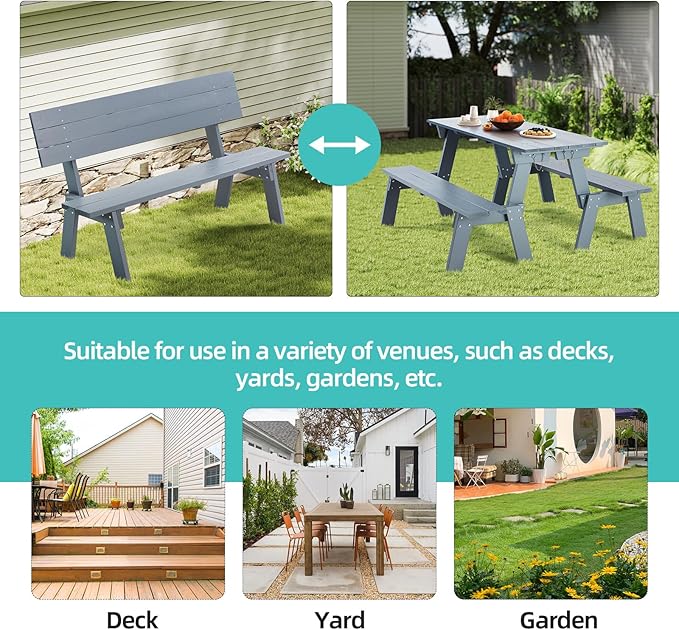 AVAWING Outdoor Convertible Wood Bench with Backrest, Patio Wood Convert a Bench, Space-Saving 2-in-1 Picnic Table Chairs Set for Backyard, Porch, Patio, Garden, Grey-Ruum Studio Home