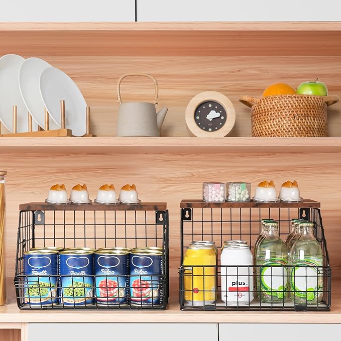 Fruit Basket, Stackable Wall Mounted Fruit Baskets, Potato Baskets Onion Storage for Kitchen, Hanging Wire Basket with Wood Lid, 2-Tier Vegetable Organizer Kitchen Countertop Organization-Ruum Studio Home