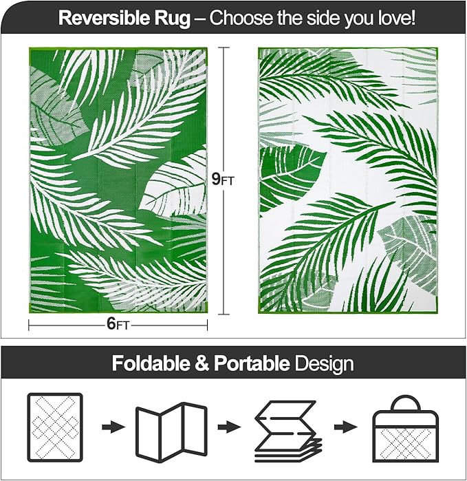 Waterproof Outdoor Rug 6x9ft, Green Leaf Reversible Plastic Straw Mat for Patio RV Deck Porch Backyard Balcony Camping Picnic Beach Indoor Outdoor Carpet, Green&White-Ruum Studio Home
