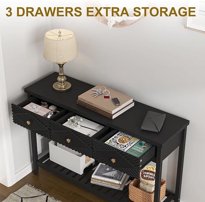 47" Console Table with 3 Drawers, Fluted Narrow Long Entryway Table with Storage Shelf, Accent Table for Entryway, Living Room, Behind Couch, Foyer, Hallway, Office-Ruum Studio Home
